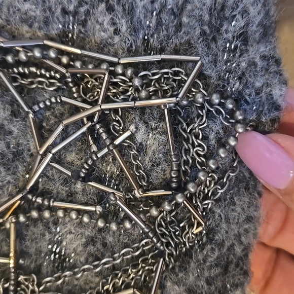 RARE Gray Metallic Accent Cardigan Sweater with Feather Accent Trim - Picture 6 of 16